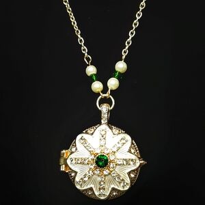 Handmade Locket Necklace Vintage Style Rhinestones 21" Long Chain